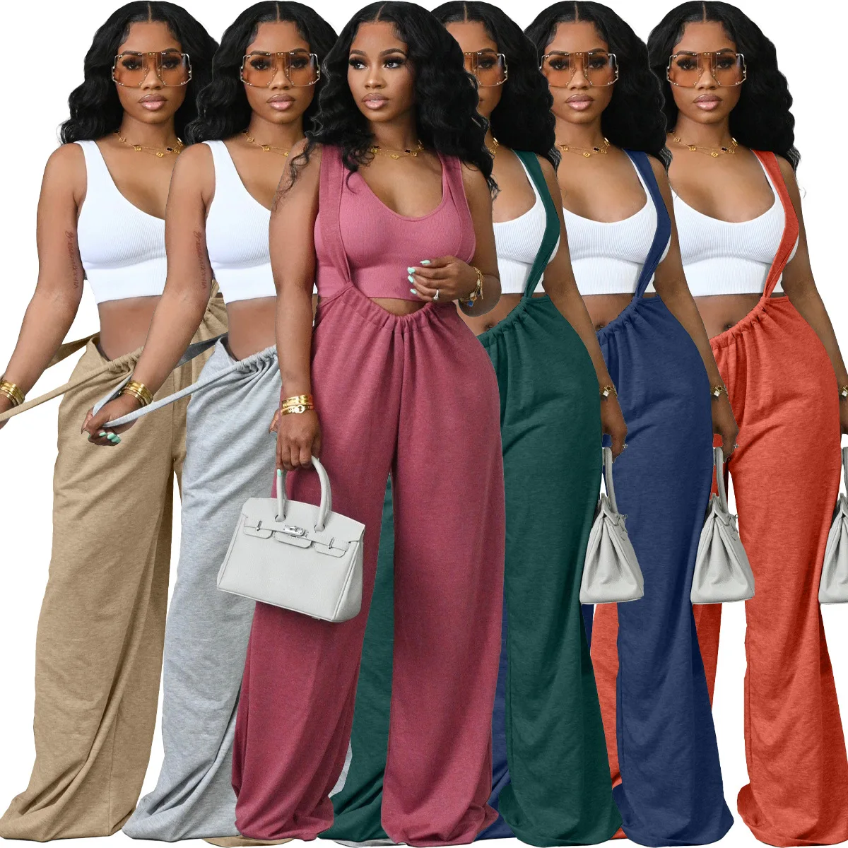 Women Strap Wide Leg Tie Up Back Straight Loose Romper Trousers 2023 Fashion Streetwear Pants