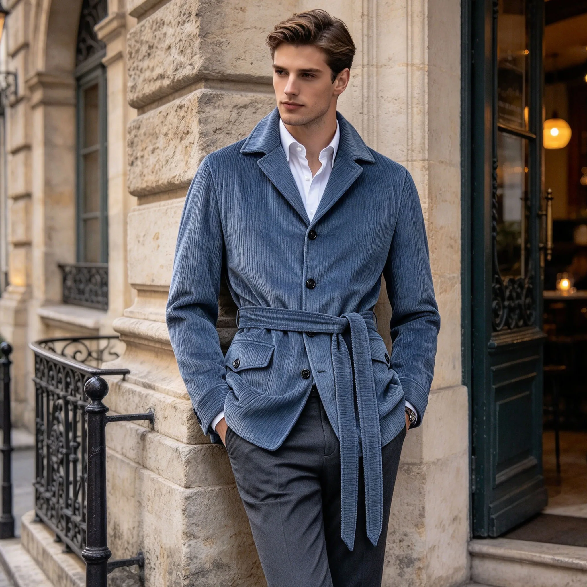 Men's Corduroy Belted Jacket Retro Slim Fit Notched Lapel Safari Coat Casual Thick Warm Suit Blazer Business Outerwear Date Nigh