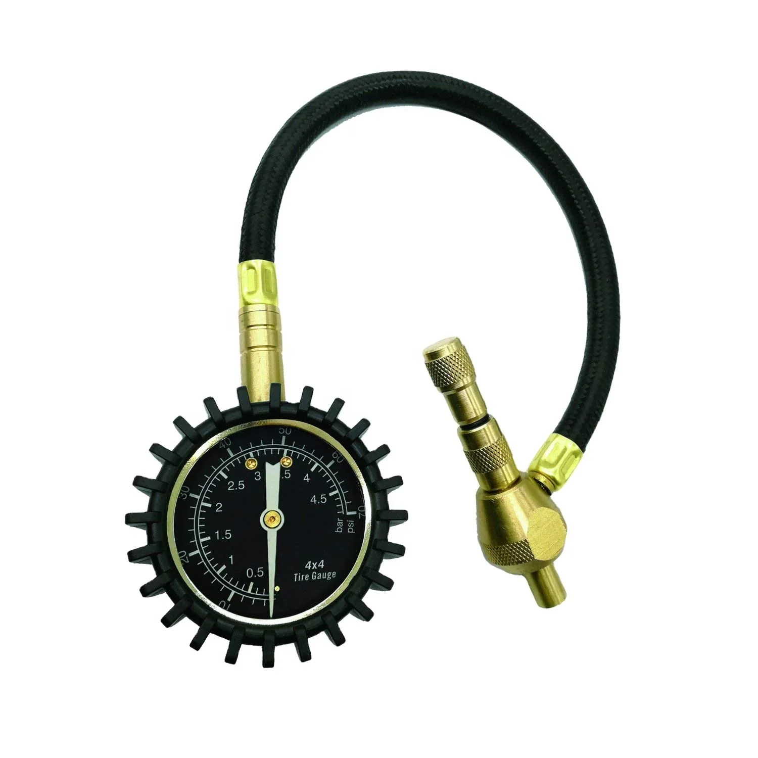 Top Sale  0-75PSI Rubber Protective Sleeve 2inch Dial Tire Pressure Gauge With Long Hose and Heavy  Brass Deflator Chuck