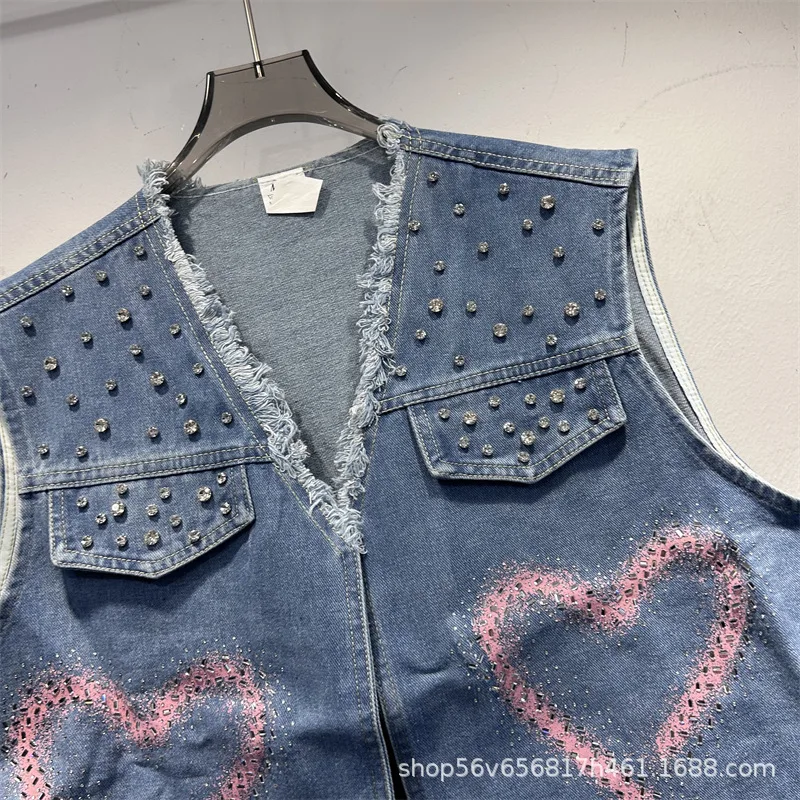Trendy Women Denim Sets 2026 New Spring Hot Diamonds Love V-neck Sleeveless Vests Coat + High Waist Wide Leg Straight Pants