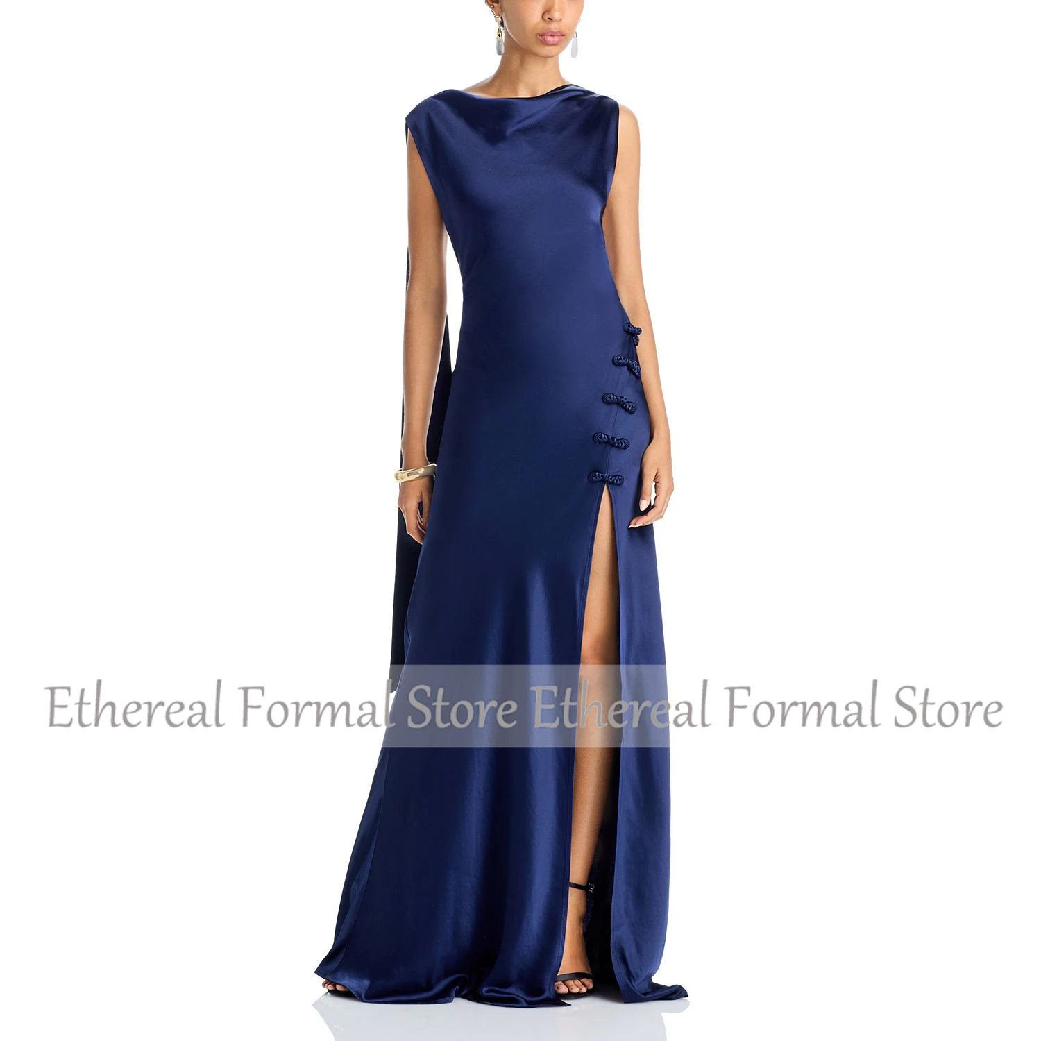 Une ligne robe de soirée pour femmes longueur au sol robe de soirée formelle dos nu robe saoudienne sans manches fente robe de bal