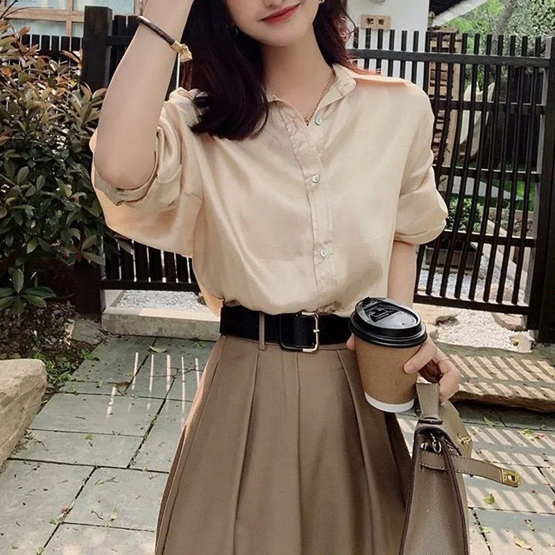 

2023 New Spring and Autumn Gentle Series OL Commuter Advanced Light Mature Style Solid Color Loose Versatile Women's Shirt