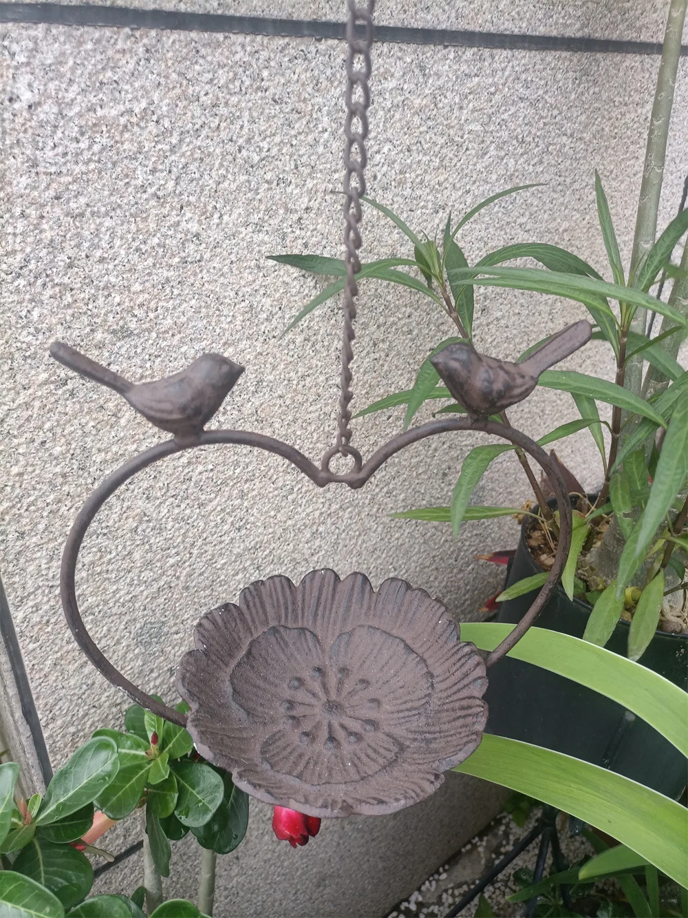 Antique Cast Iron Hanging Bird Feeder Birdbath Heart Handle Outline Design Vintage Garden Decor