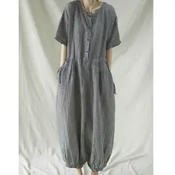 Oversize Piaysuit Casual Jumpsuit Cotton Linen Plaid Loose Short-sleeved Jumpsuit LOOSE Casual  Clothes Jump Suits for Women