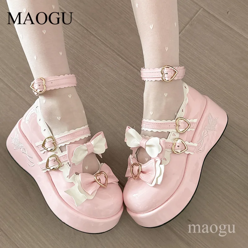 Women's Sweet Lolita Platform Mary Janes Bow & Heart Buckle Chunky Heel Pumps Kawaii JK Uniform Cosplay Dress Shoes Size 35-40