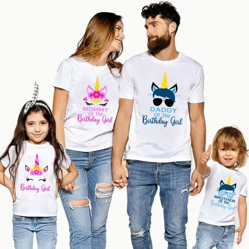 Birthday Party Family Look Matching Clothes Unicorn Theme Birthday Girl T-shirt Present Kids Clothing Father Mother Daughter Son