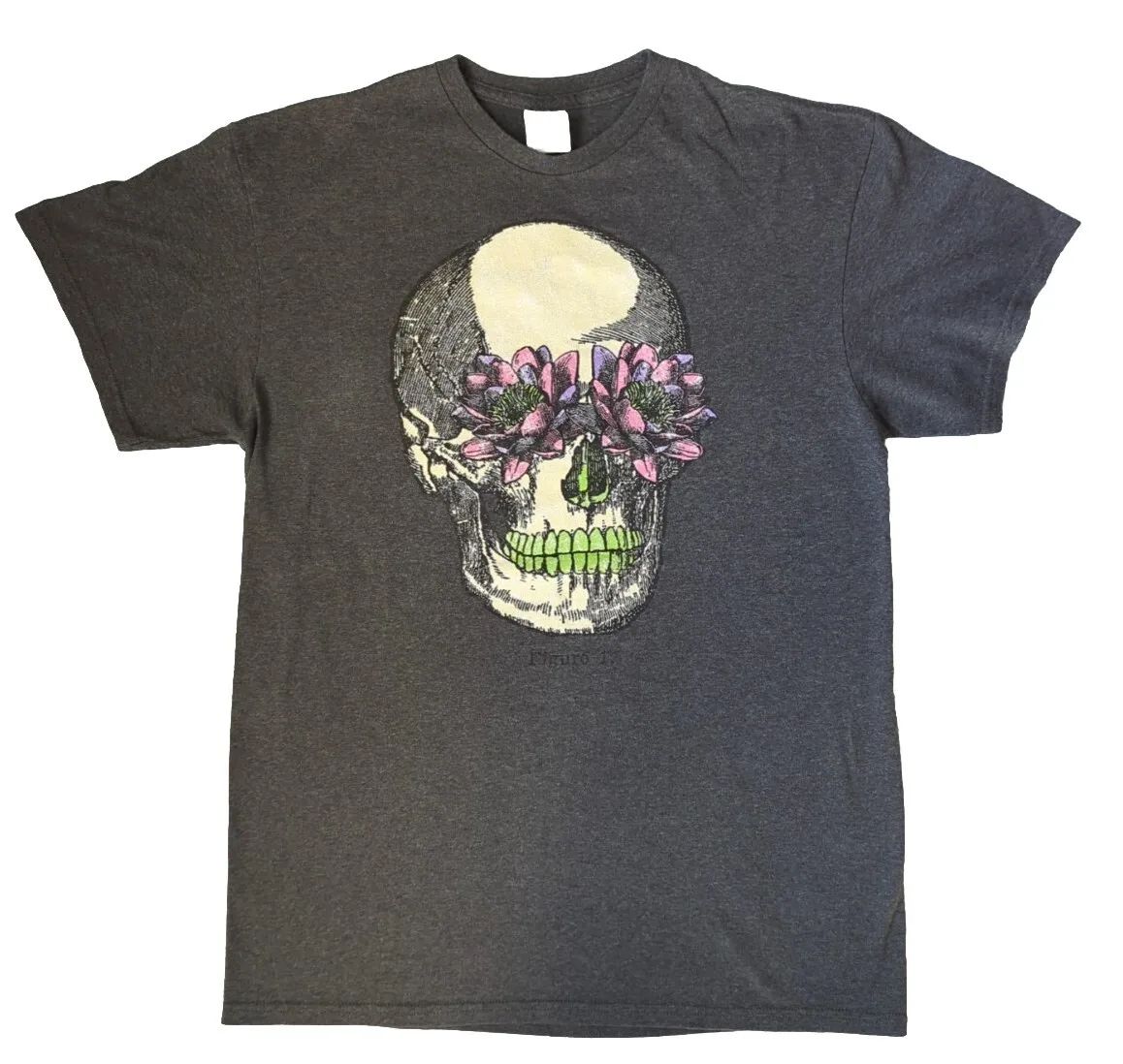 Skull with Flowers Gray T Shirt In Size Medium
