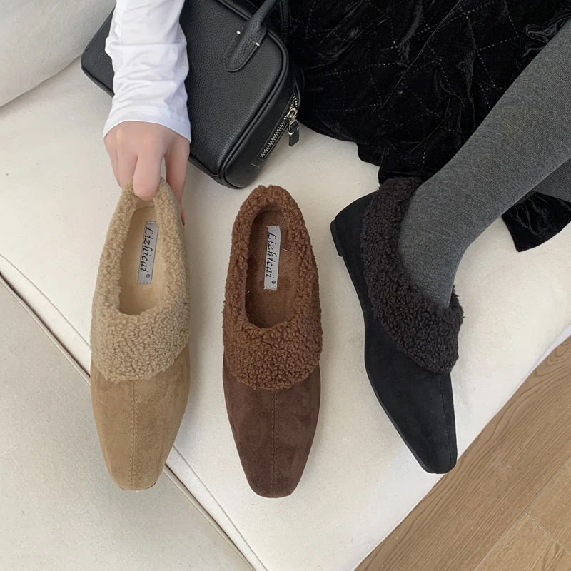 

Женская обувь, повседневные меховые лоферы, винтажные оксфорды с квадратным носком, туфли без шнуровки, зимние теплые zapatos mujer, черный кофейный хаки