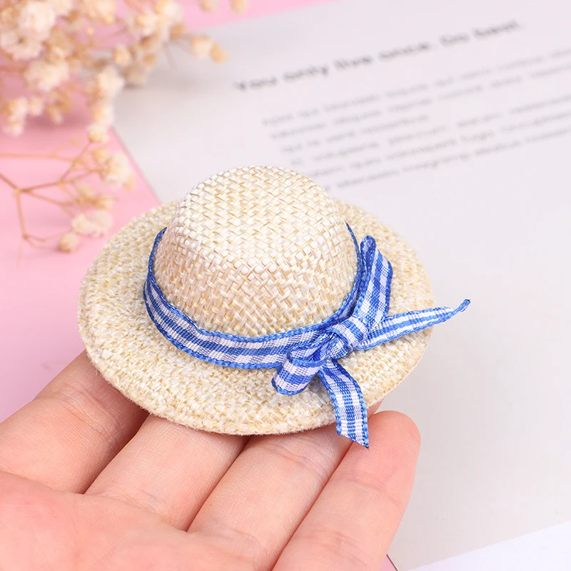 New 2Pcs Miniature Straw Hat Mini Doll Flocking Bow Hat Doll House Ornament Hand Weaved Dollhouse Accessories ID 3CM OD 6CM