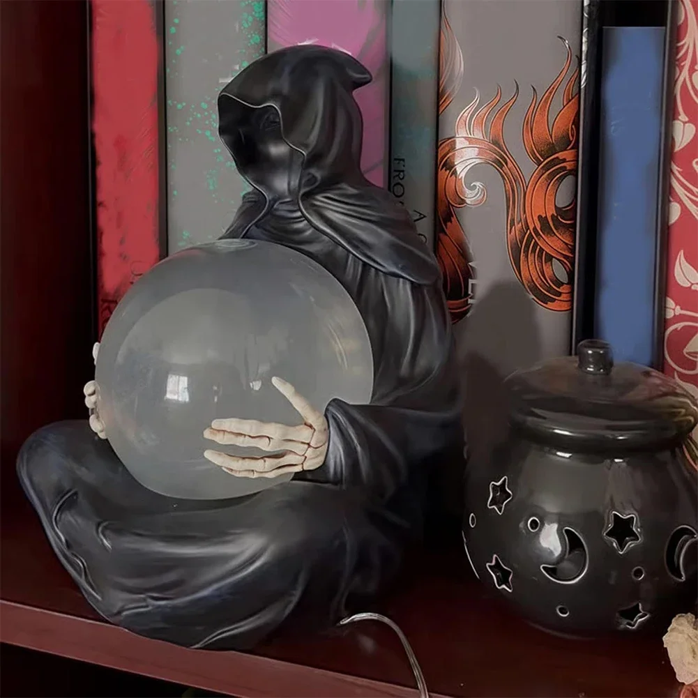Grim Reaper Figurine with Light Up Ball Grim Reaper Statue with Flying Bats Crystals Glowing Balls for Halloween Statue Decor