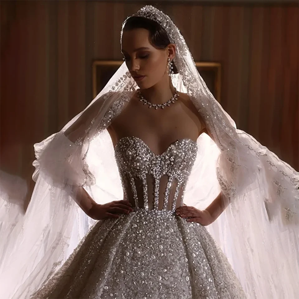 Personalizado brilhante cristal frisado vestido de baile vestidos de casamento 2025 ilusão sem alças com tribunal trem tule vestidos de novia