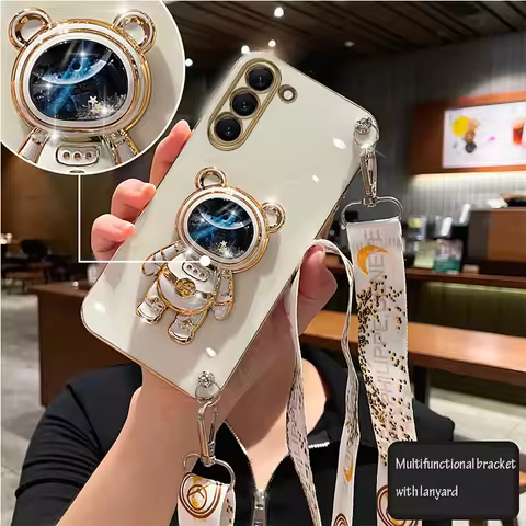Astronaut Lanyard Strap Phone Case For Samsung Galaxy S23 S20 S22 S21 S10 S9 S8 Note 10 20 8 9 Plus Ultra S20 Fe Stand Cover