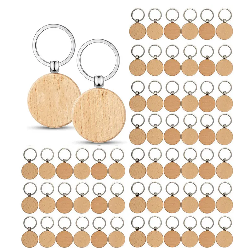 

60Pcs Blank Round Wooden Keychain DIY Wooden Keychain Key Tag Gift