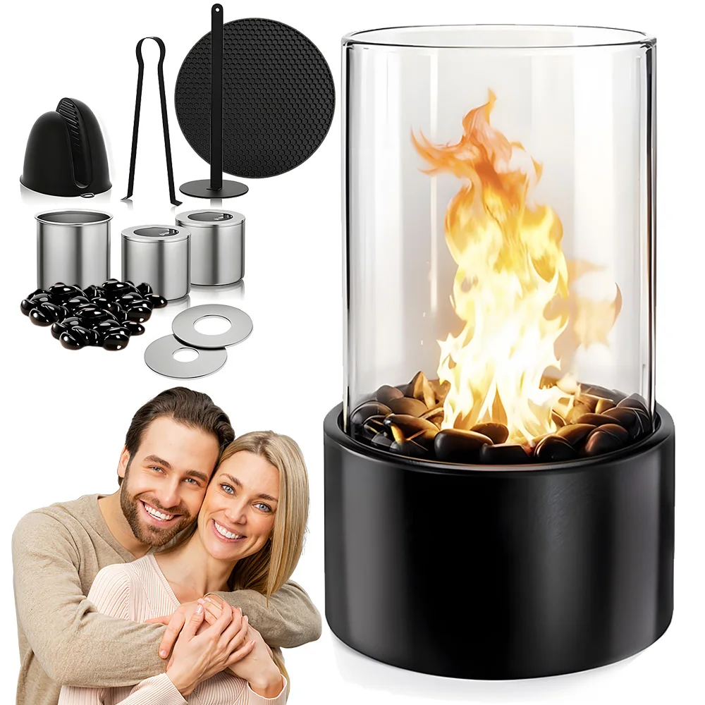 1 ensemble de mini-cheminées avec deux chambres de combustion, conception sans fumée, adapté au salon, au balcon et à la terrasse.