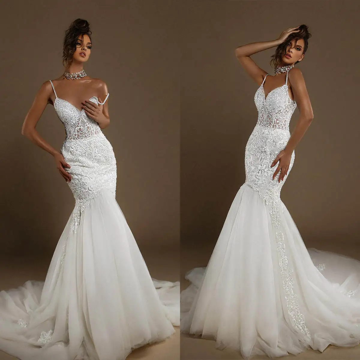 

Elegant Wedding Dress Mermaid Strapless Appliques Spaghetti Strap Sleeveless Bride Gown Vestido De Noiva Custom Made