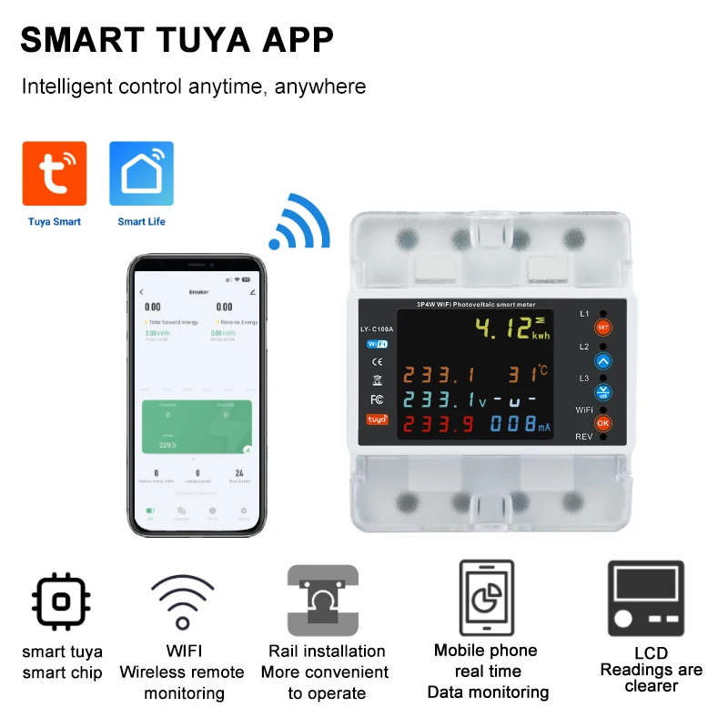 4P 100A Tuya WiFi Three Phase Energy Meter with Bi Directional Auto-Reclosing Protector Relay Switch for Smart Life