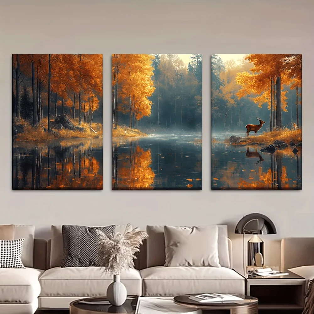 （No Frame 3PCS）-3pcs/Set, Canvas Painting--Unframed, Autumn Forest, Lake, Deer, Posters And Prints, Living Room, Library, Off