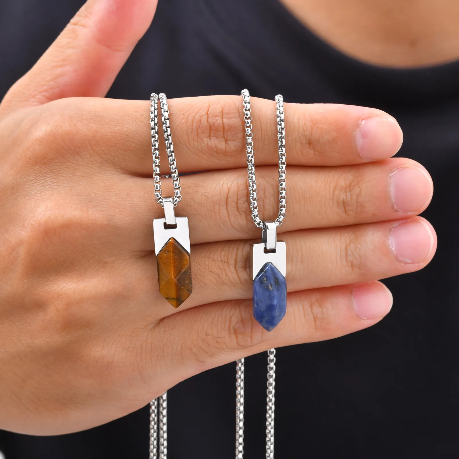 Healing Natural Stone Necklace for Men,Lapis Lazuli Stainless Steel Geometric Pendant Necklace,Stylish Jewlery Gift