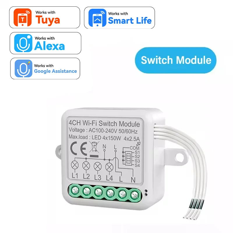 Módulo de Interruptor Inteligente WiFi, Interruptor Eléctrico de 1/2/3/4 Canales, Módulo de Interruptor de Iluminación, Control por Aplicación Móvil Tuya Smart, Compatible con Alexa