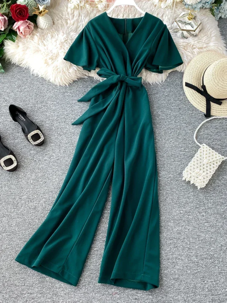 Women's V-Neck Jumpsuit Spring Autumn Short Sleeve Drop Feeling Wide Leg Pants Lacing Waist Straight High Waist Jumpsuit ML537