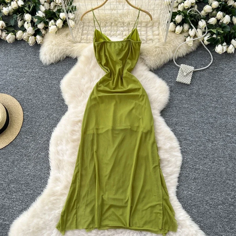 Pop Summer Sexy Strap Mesh Beach Long Dress Fashion Strap Cross Irregular Ruffles Split Sundress Solid Sheer Backless Party Dres