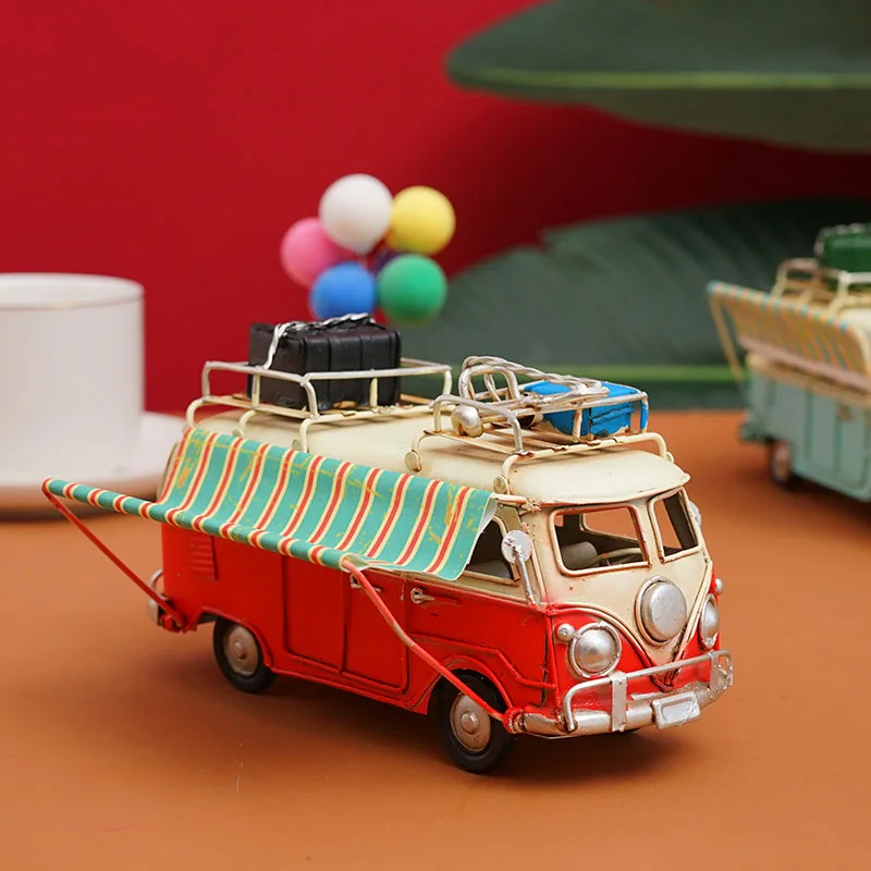 Miniature Campervan Vintage Car Model Industrial Style Attic Room Accessories Antique Crafts Forged Metal Products Home Bedroom