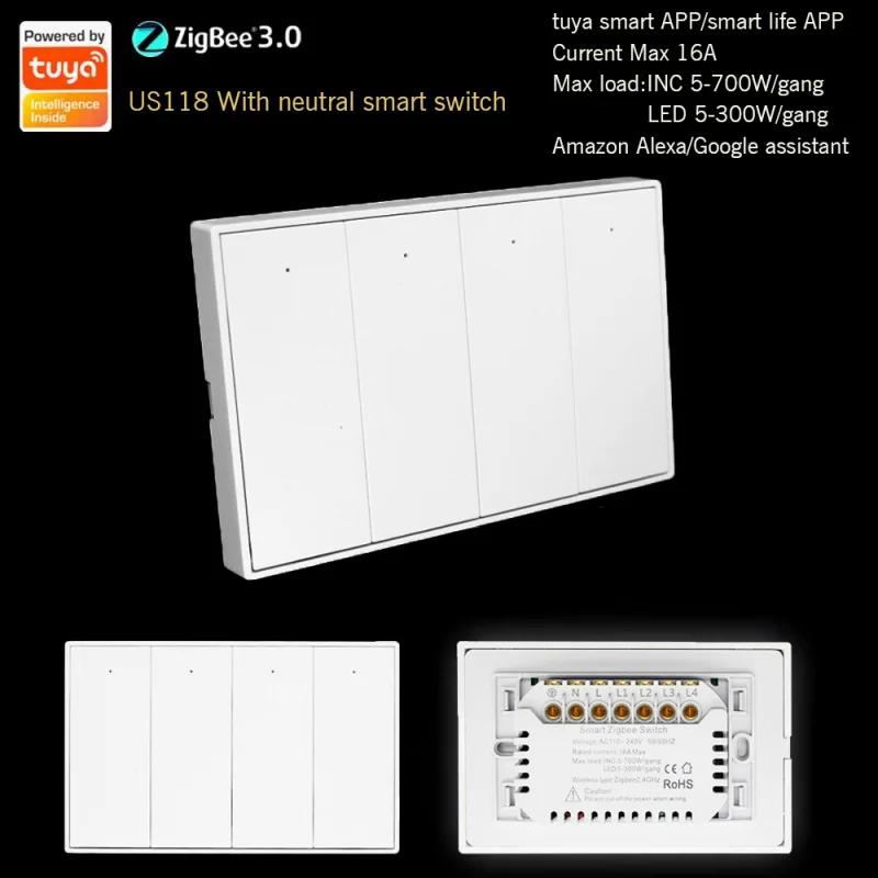 Tuya ZigBee Smart Switch Panel: 118 Type, Single Fire/Neutral Wire, US Standard, White Touch Control