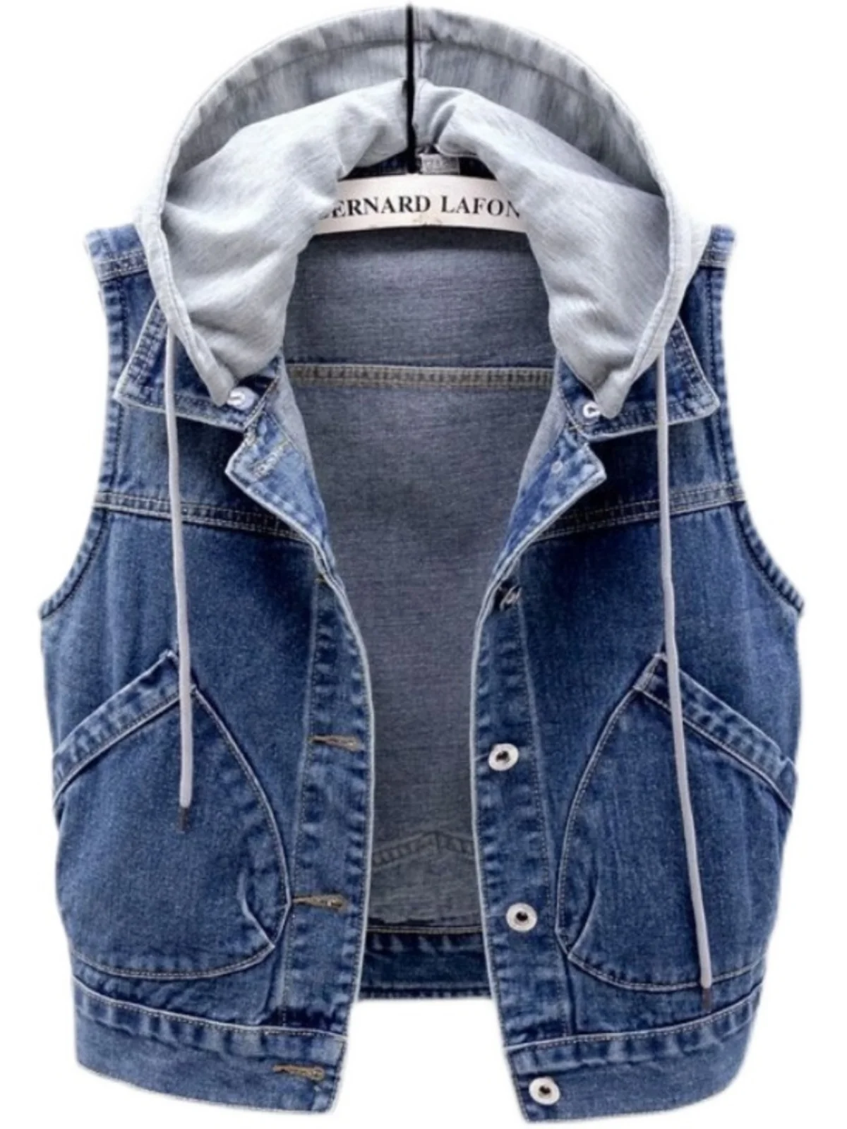 เสื้อกั๊กยีนส์มีฮู้ดสำหรับผู้หญิง ไซส์ใหญ่ สไตล์ลำลอง สีพื้น ดีไซน์เรียบง่าย กระดุมเดี่ยว