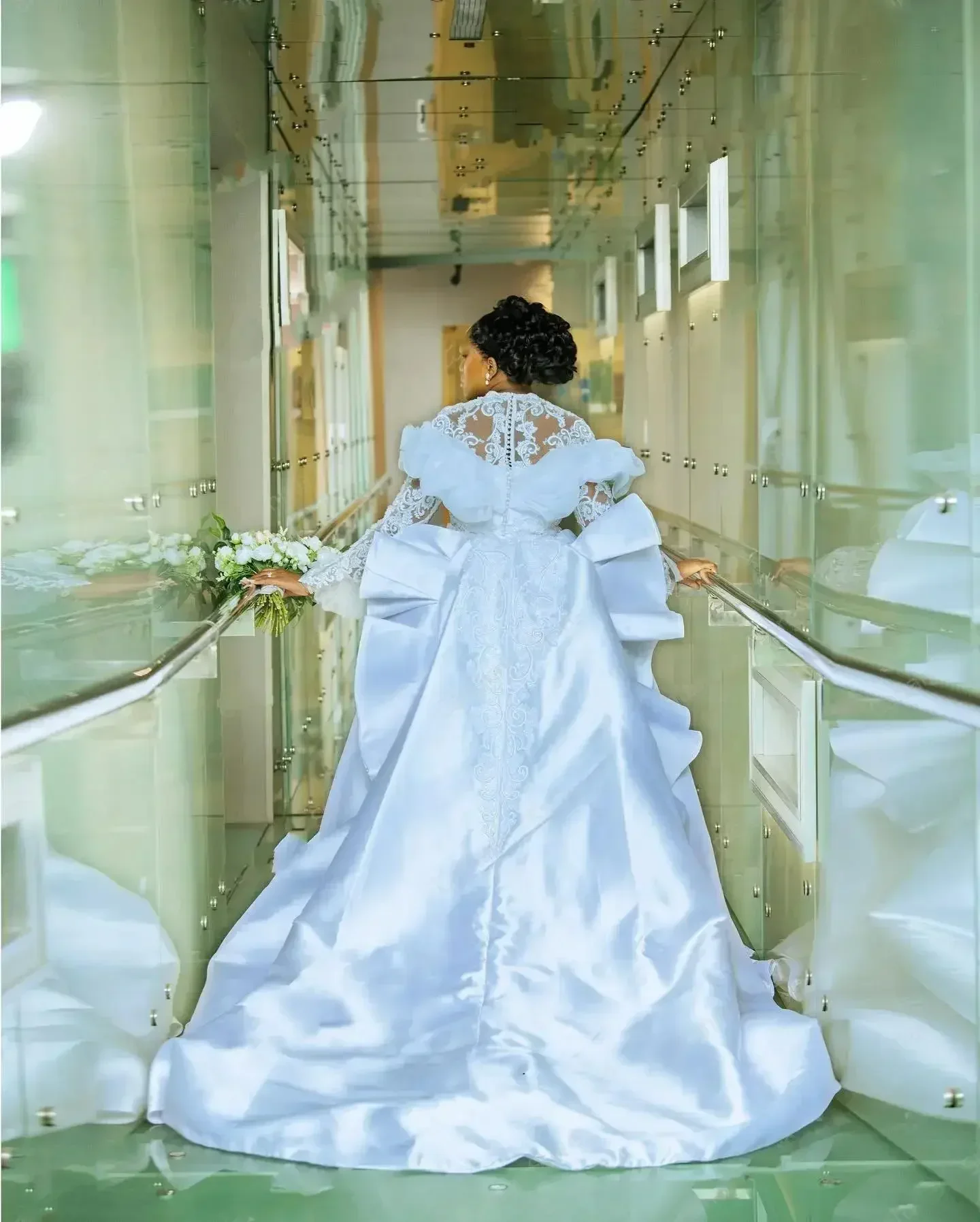 Customized  High Neck Lace Appliques Mermaid Wedding Dress With Overskirt Country Satin Vestido De Noiva Long Sleeve Bridal Gown