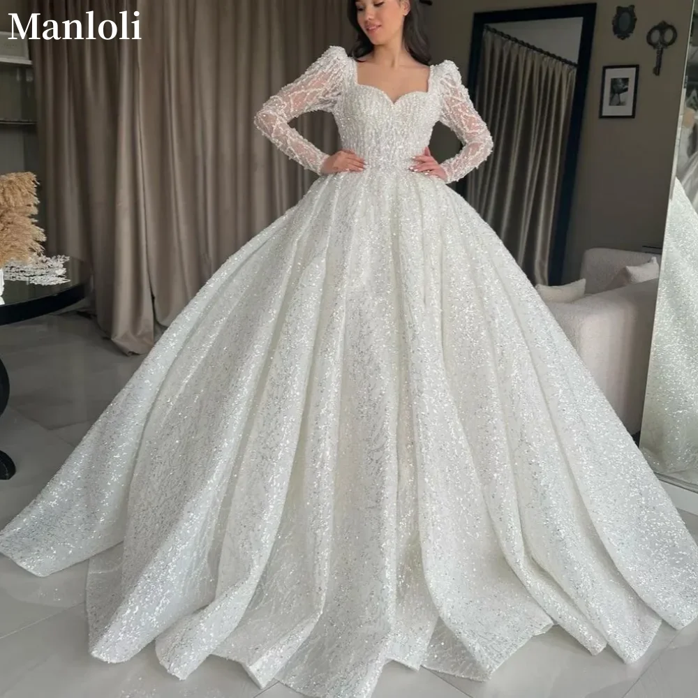 Abito da Sposa Personalizzato di Lusso Scintillante a Linea A, Maniche Lunghe, Ricamo in Pizzo e Perline, Scollo a V, Volant, Abito da Sposa Vaporoso