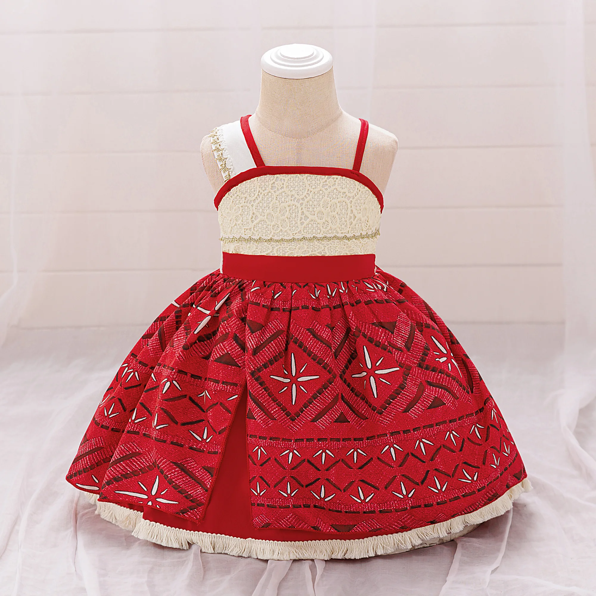 女の子用スパゲッティストラップビーチパーティーパフォーマンスプリントフリンジドレス モアナ風新作サスペンダードレス 女の子用モアナプリンセスドレス ﻿
