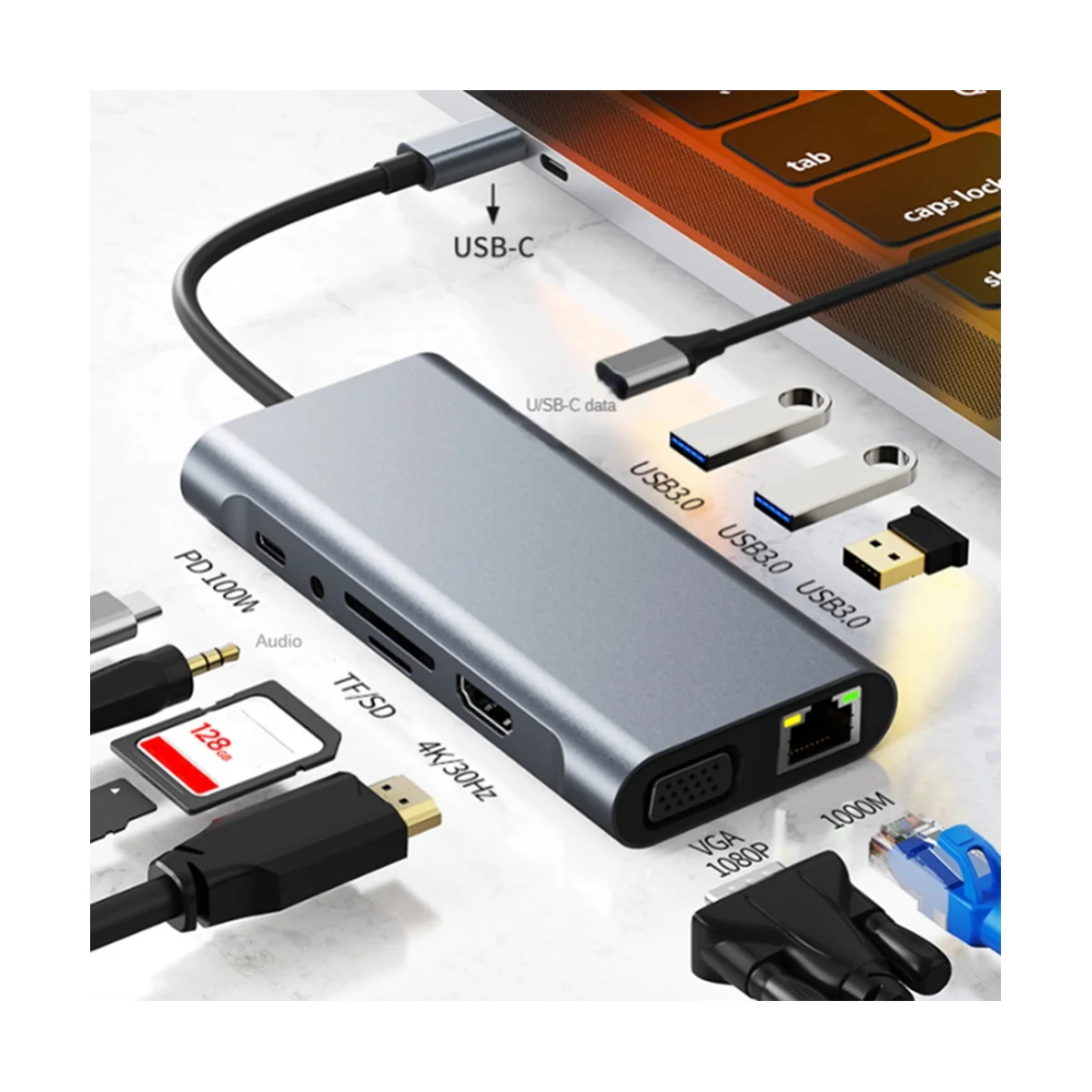 11 in 1 tipo C Dock USB Hub 3.0 Splitter adattatore multiporta 4K HDMI compatibile RJ45 SD/TF VGA PD Jack Audio Ethernet