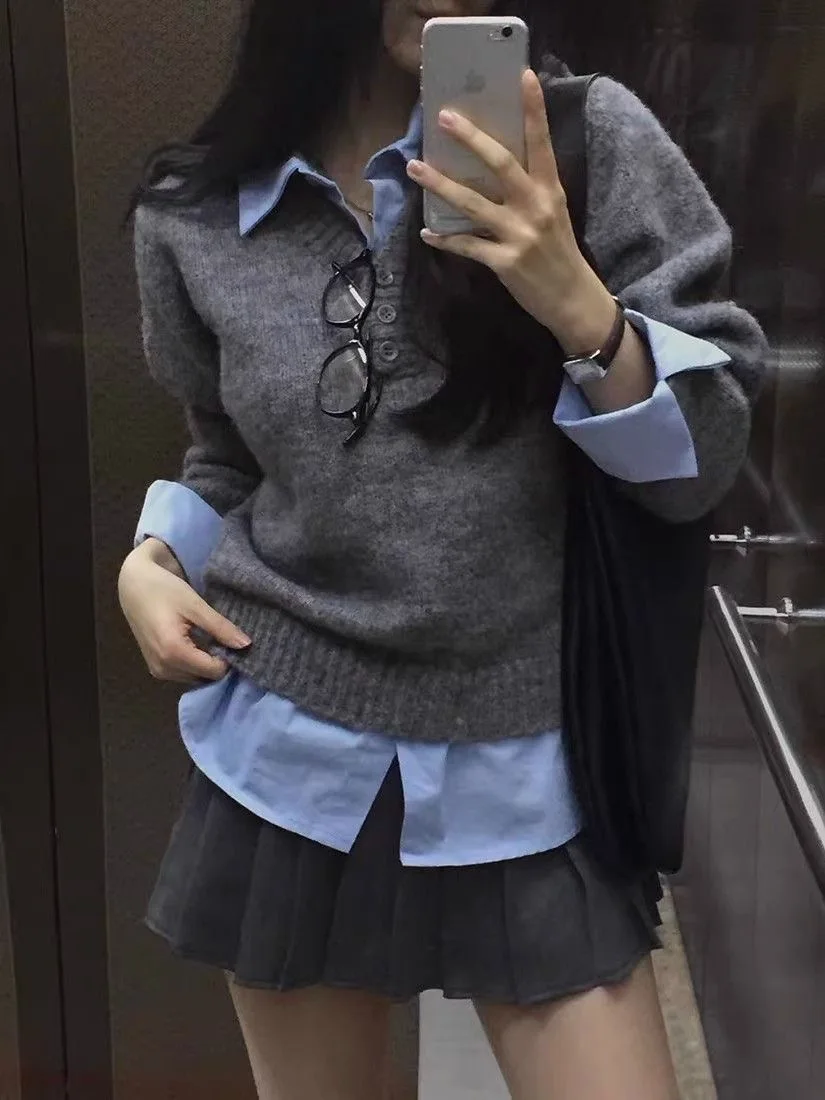 

Faionable Loose Knitted Sweater Women's Autumn Winter New Sle Korean Loose Collar Fake Two-Piece Warm Thermal Long S...