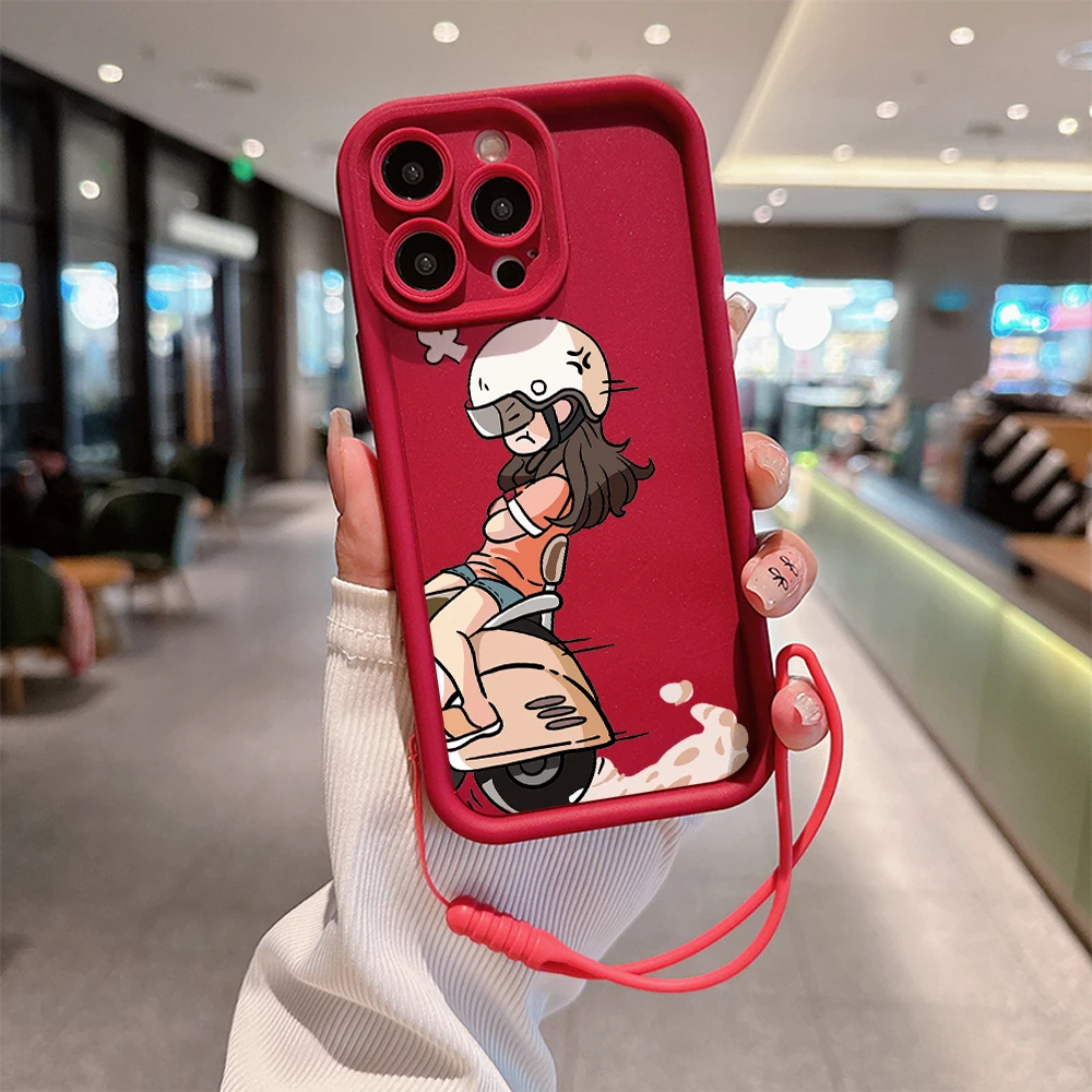 INS Cute Cartoon Riding Couple Phone Case for IPhone 15 14 13 12 11 Pro Max XR XS X 7 8 Plus Soft TPU Back Cover With Hand Strap
