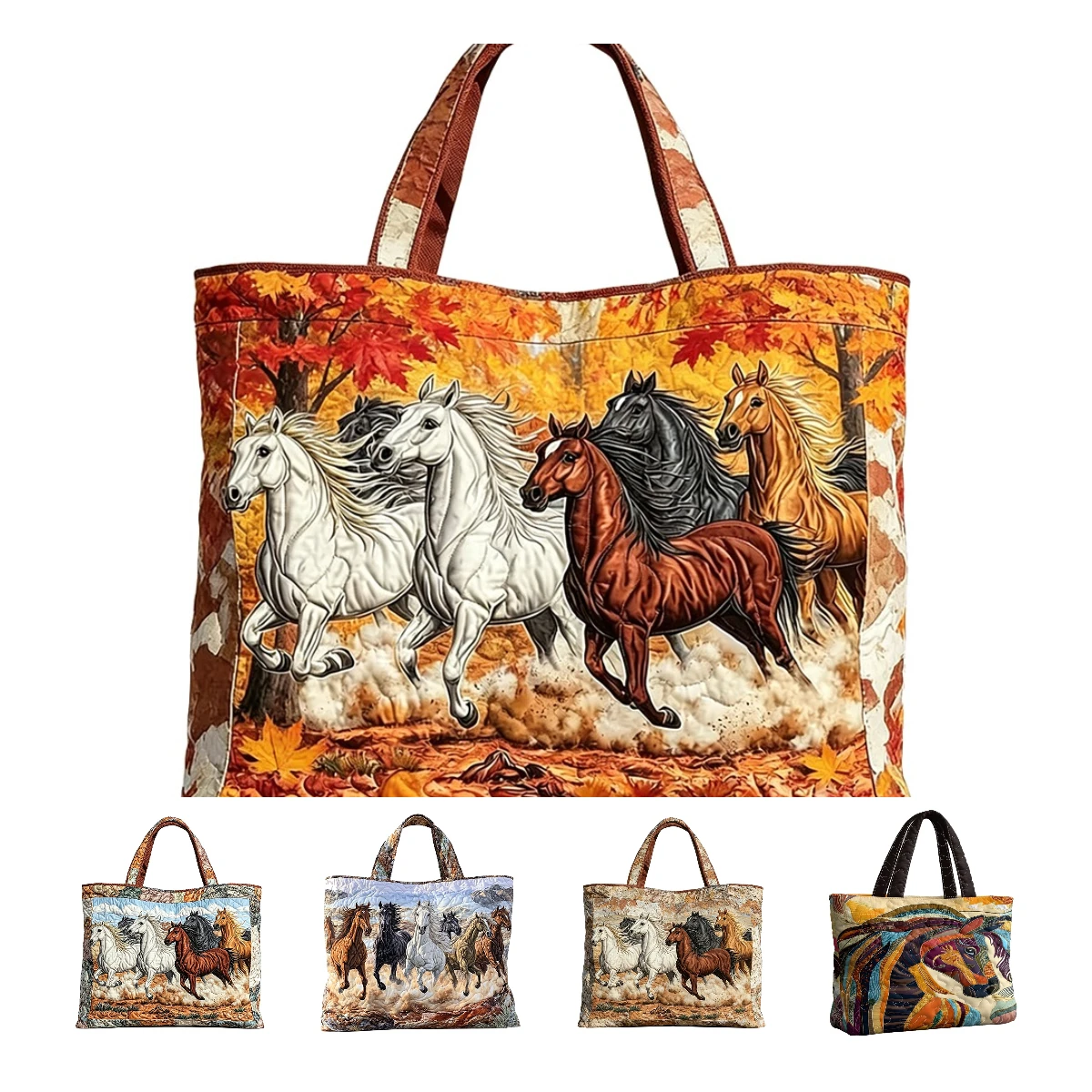 

Wild Horses Print Quilted Tote Western Style Shoulder Bag Women Daily Handbag For Shopping