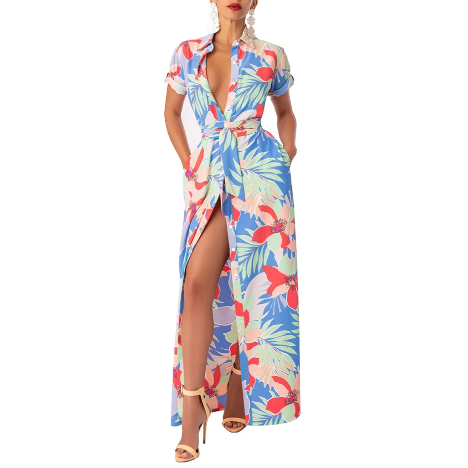 Summer Dress Beach 2024 Swim Wear Cover Up bagno costume da bagno donna presa da bagno abbigliamento da spiaggia Boho stampato manica corta Split