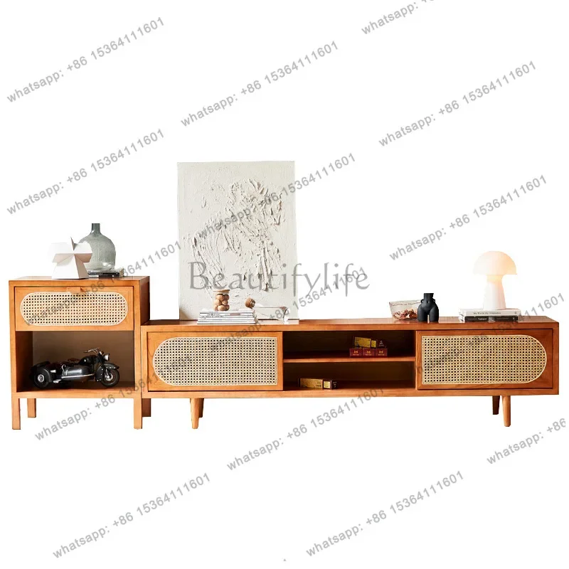 LXModern simple TV cabinet rattan heightened living room small apartment solid wood leg lockerSSS