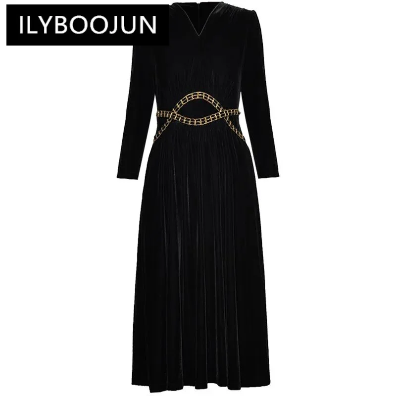 

ILYBOOJUN Fashion Designer Black Vintage Velvet Dress Women's V Neck Long Sleeve High Waist Chain A-LINE Slim Midi Dresses