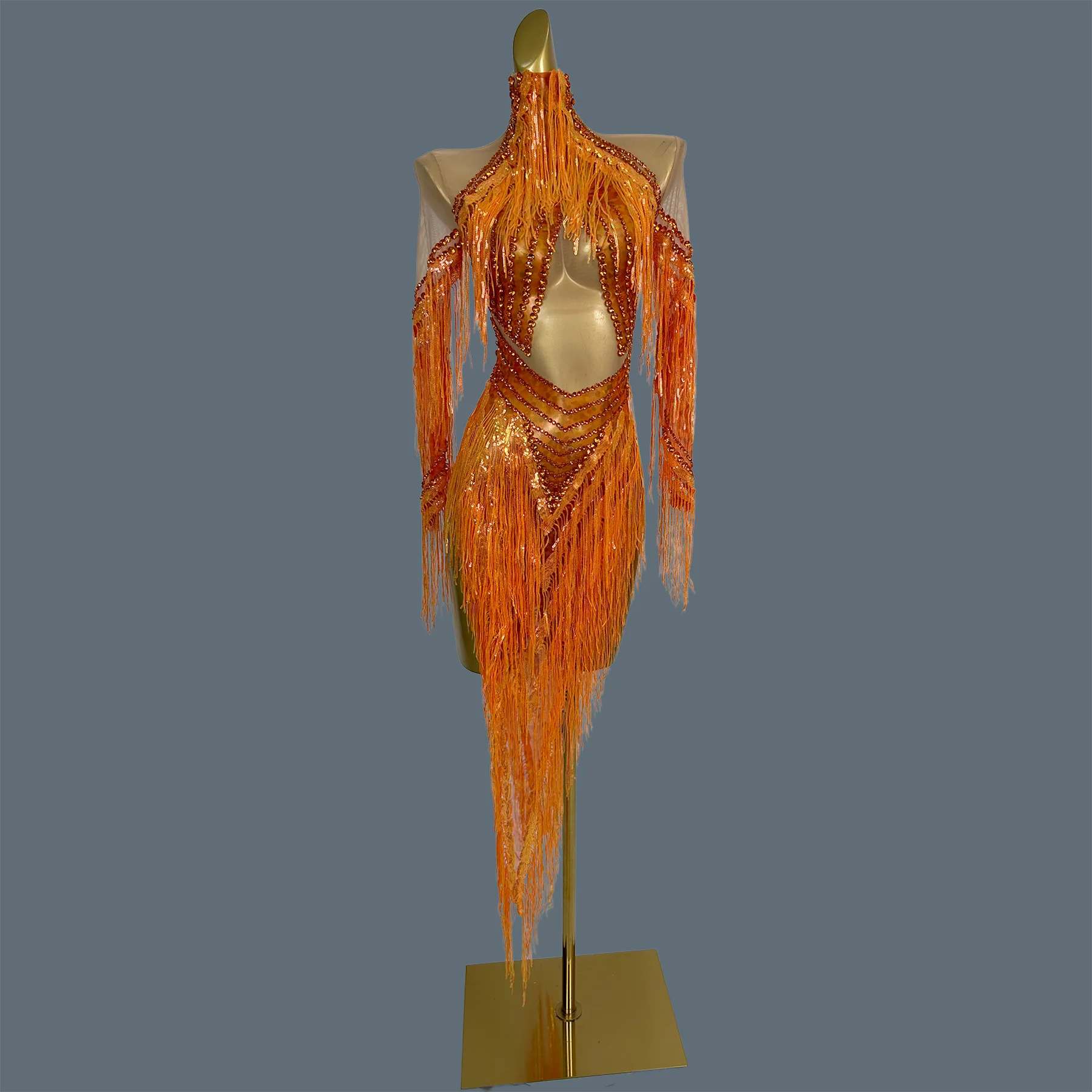 Women Nightclub Orange Sparkly Crystal Fringe Tight Fitting Bodysuit Party Dance Outfit  Off Shoulder High Neck Show Wear Chengz