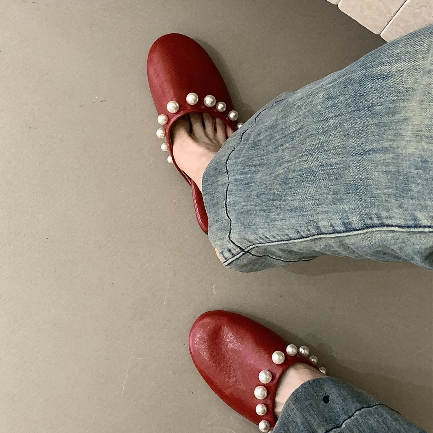 Flat Bottoms Semi Enclosed Shoes Chinju Ware Plain Flat Sole Shoes Advanced Banquet Style Women's Shoes French Retro Slippers