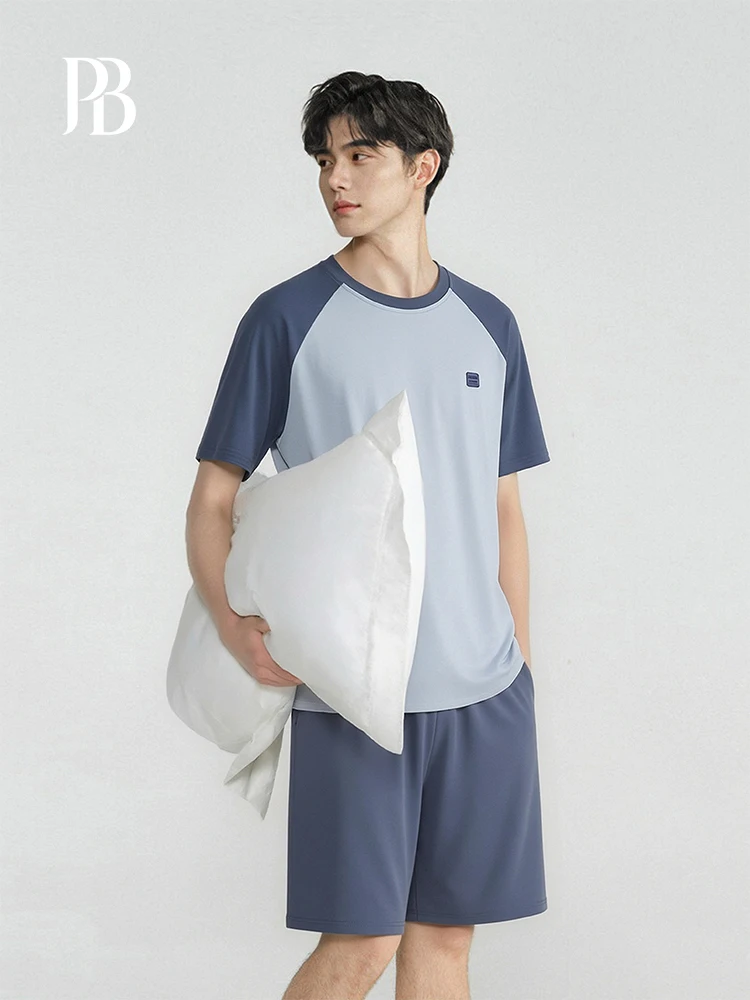 

Ultra-Soft Modal Men's Short Sleeve Sleepwear Set Cool Feeling Home Clothes Blue Patchwork Summer Breathable Moisture-Wicking