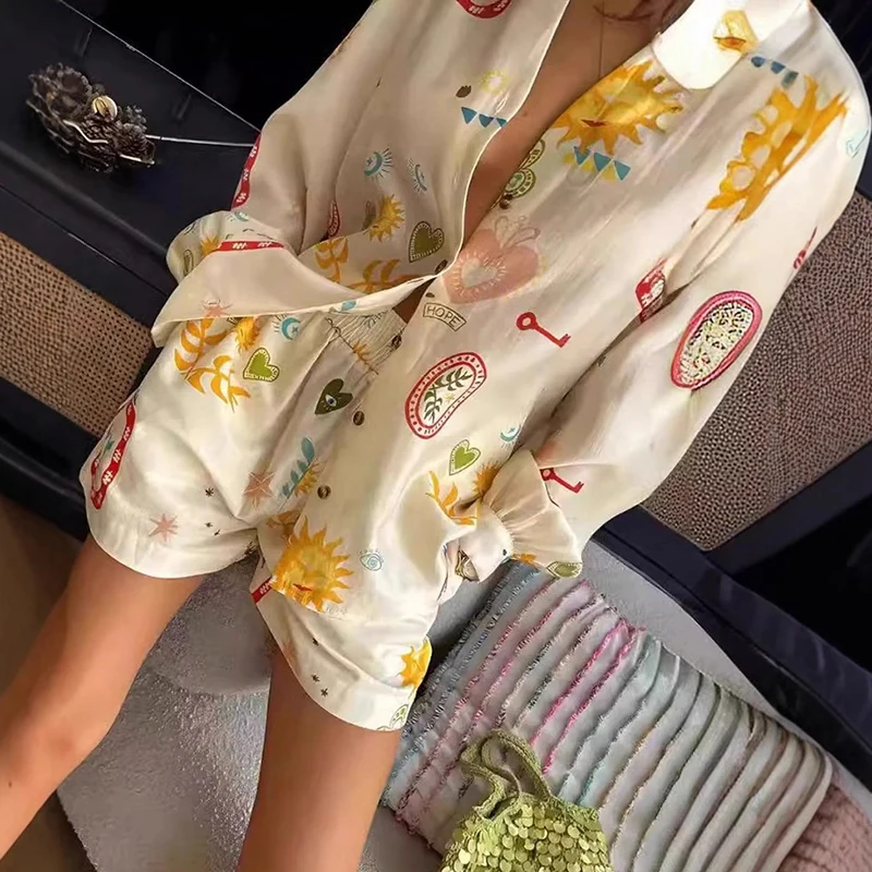 

Trendy Pattern Printed Long Sleeve Shirts Shorts Matching Sets Summer New Beach Vacation 2 Piece Lady Elegant Loose Lapel Outfit