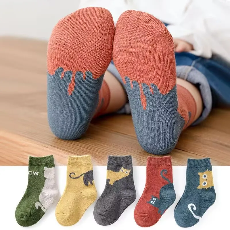 5 Pairs Baby Socks Spring & Fall Cartoon Kitten Winter Mid-tube Kidsren's Socks Boys and Girls Kidsren's Socks