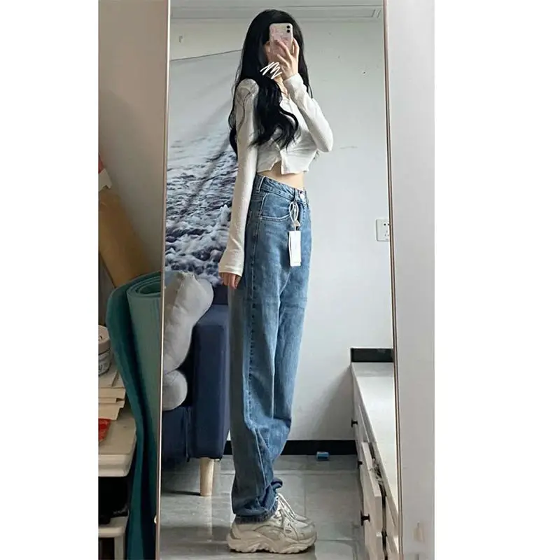 Femme pantalon Baggy jean empilé à volants plissé drapé fendu fente asymétrique détail côté Patchwork couleur bloc épissage femme