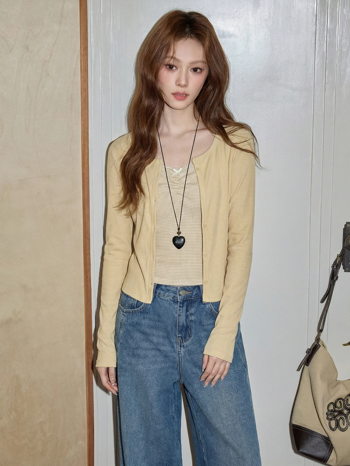 

Yellow Knitted Open Cardigan And Plaid Strap Vest Two-Piece Set Women's Spring Faion Outfit Korean Sle Breathable Medium ...