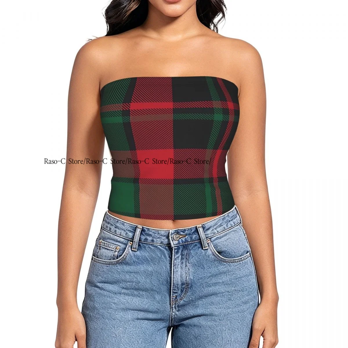Women Block Crop Slim Tube Top Plaid Checkered Christmas Tartan Strapless Top For Summer Female Clothing