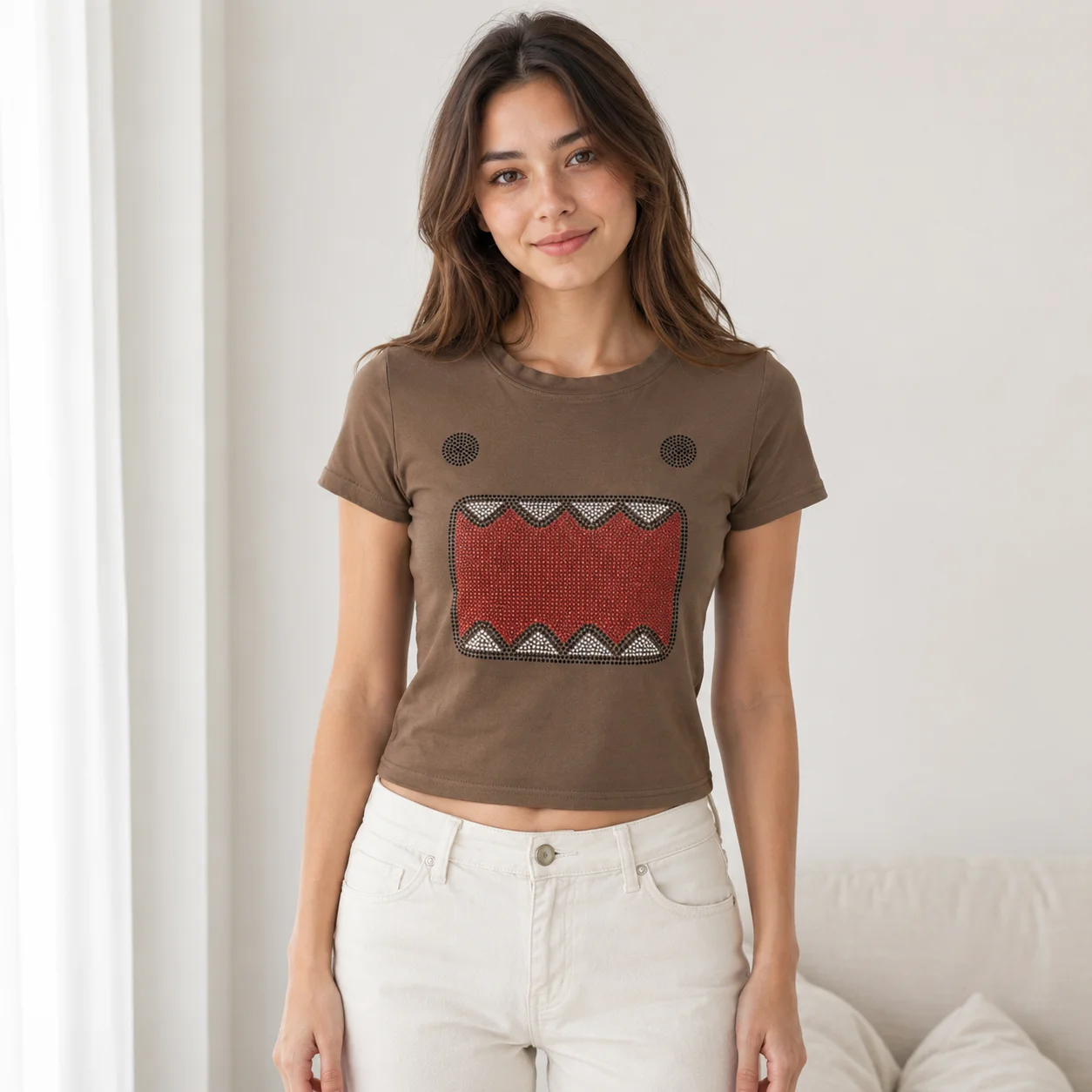 Women Brown Rhinestone Monster Graphic Crop T Shirt Crew Neck Short Sleeve Slim Fit Y2K Streetwear Summer 2026 Hot New Tee Shirt