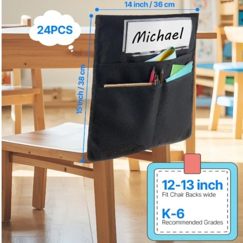 

Stylish 24-Pack Black Chair Pockets for Classroom Seat Pockets with Name Tag Organizer for Student Supplies
