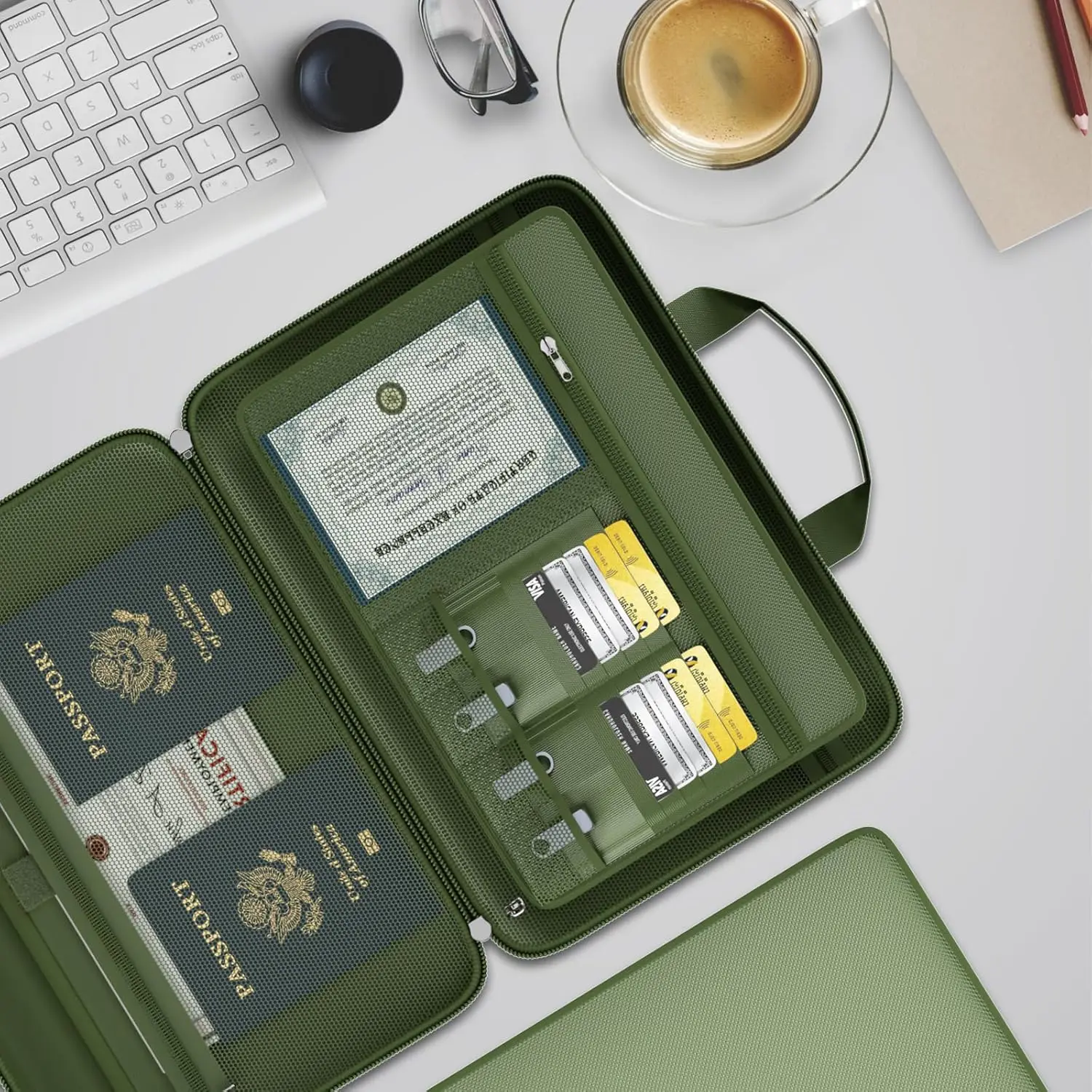 Fireproof Document Organizer with Lock, Hard-Shell Case, 13 Pockets for A4 Files & Laptops (Green)