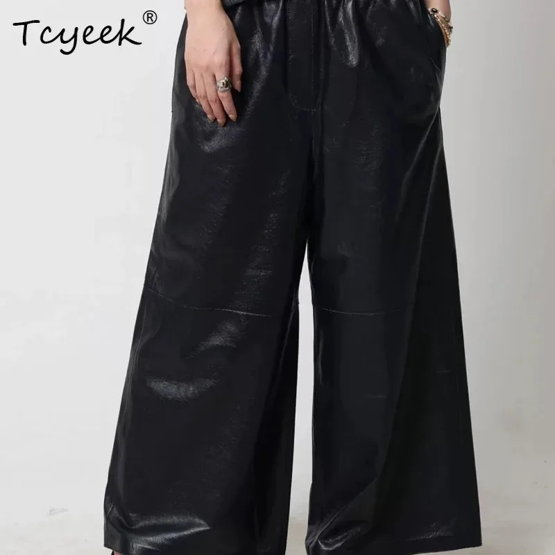 Tcyeek Genuine Leather Pants for Women Real Sheepskin Vintage Women's Pants Causal Trousers Lady Elastic Waist Pantalones Mujer